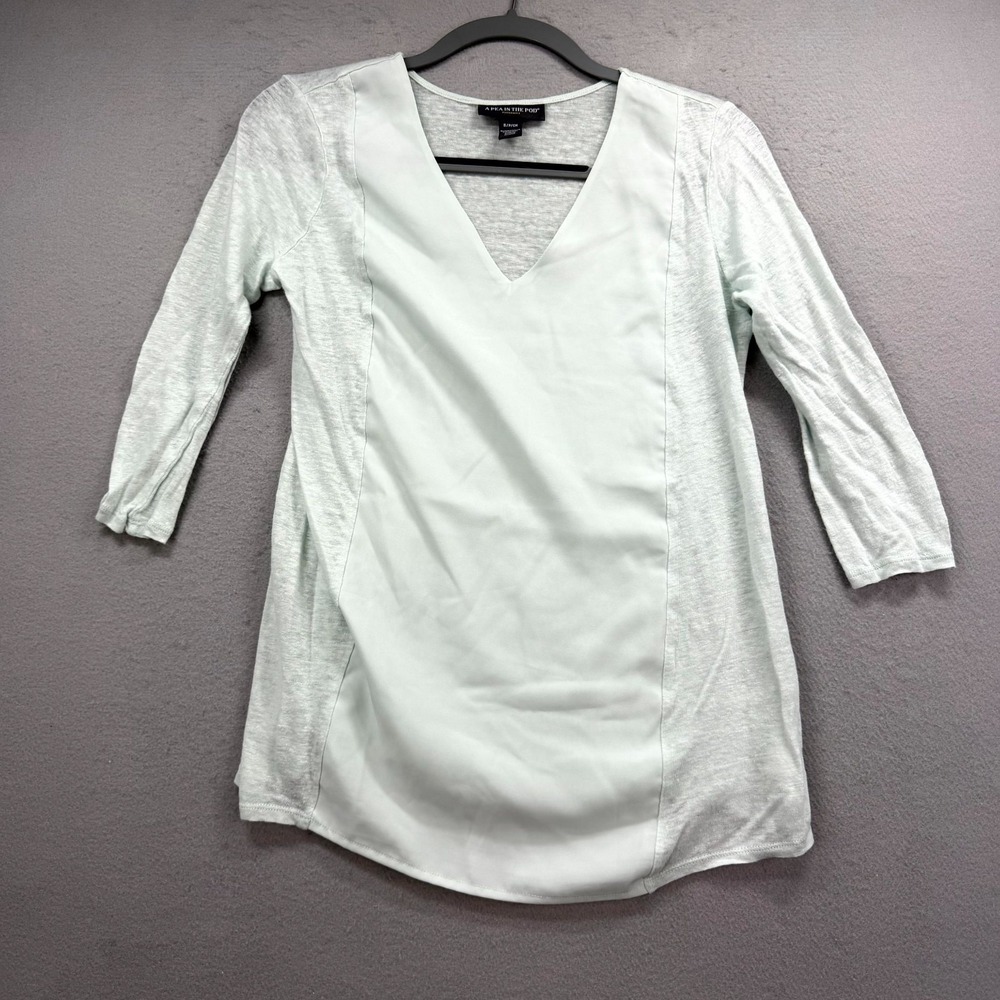 A Pea in the Pod Maternity Top Women Small Light Green Linen Center Panel V-Neck